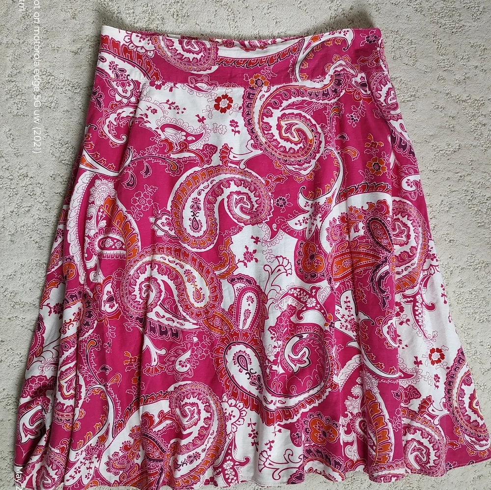 Liz Claiborne Linen Cotton Paisley Pink White Midi Skirt Size Medium - Picture 2 of 3